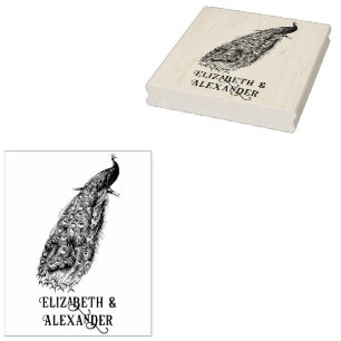 Sello De Caucho Pavo Real Elegante en una Rama Nombre de Pareja