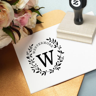Sello De Caucho Personalizado Berry Laurel Boda Wreath Monograma
