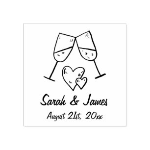 Sello De Caucho Personalizado Champagne Hearts Names y Boda Date