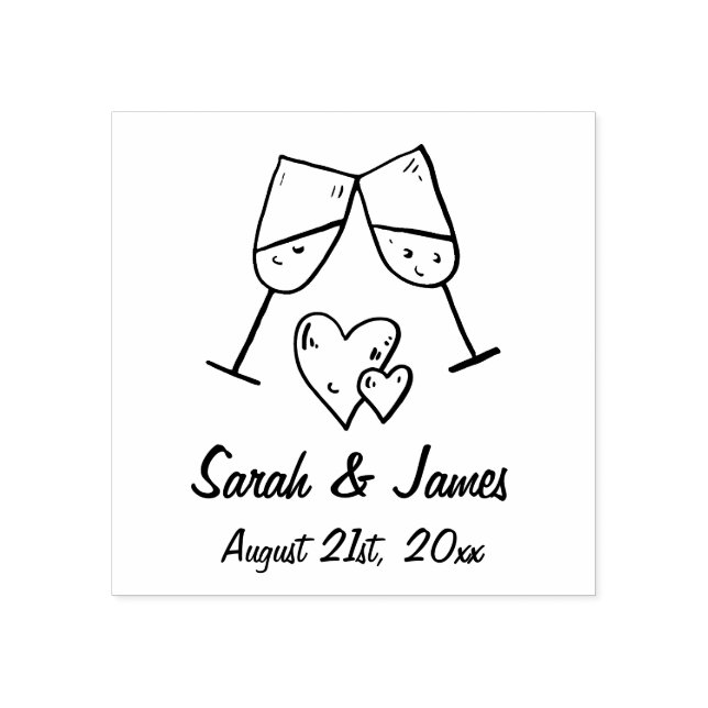 Sello De Caucho Personalizado Champagne Hearts Names y Boda Date (Impresión)