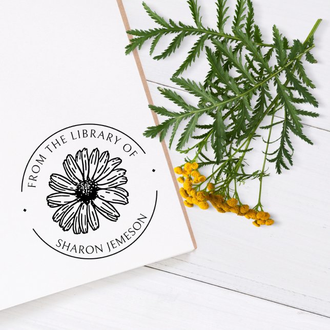 Sello De Caucho Personalizado de flores de margarita encantadora b (Lovely Daisy Flower Custom Floral Library Book Rubber Stamp)