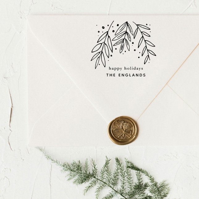 Sello De Caucho Personalizado de Sprigs (Happy holidays botanical sprigs custom rubber stamp.)