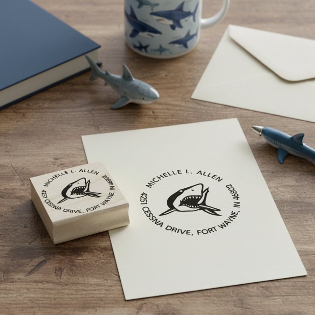 Sello De Caucho Personalizado Dirección de devolución de ida y vue (Round return address stamp for shark lovers.)
