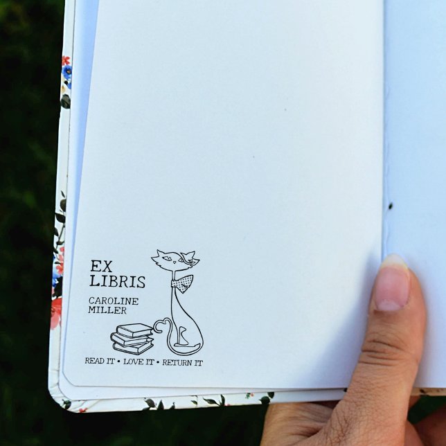 Sello De Caucho Personalizado Ex Libris, un gato lindo con libros (Subido por el creador)