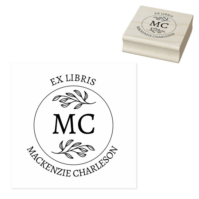 Sello De Caucho Personalized Ex Libris Monogram Book (Botanical Leaf classical monogram initial personalized Ex Libris from the library of rubber stamp)