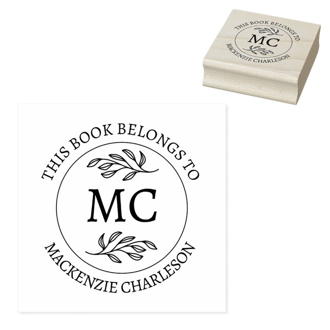 Sello De Caucho Personalized Monogram This Book Belongs To (Botanical Leaf classical monogram initial personalized Ex Libris from the library of rubber stamp)