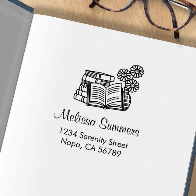 Sello De Caucho Pila de Libros, Libro Abierto, Flores Dirección (Subido por el creador)