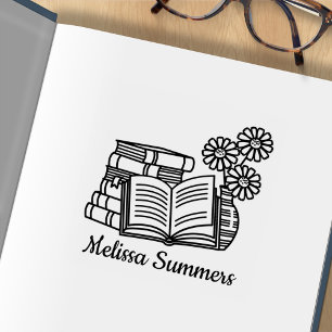 Sello De Caucho Pila de Libros, Libro Abierto, Folleto de Flores