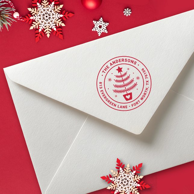 Sello De Caucho Pino de Navidad Adorable Dirección de Devolución (Cute Christmas tree return address stamp. Personalize it for your holiday mail.)