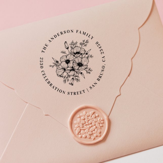 Sello De Caucho Poppy de California | Nombre personalizado y direc (Rubber Stamp Mock-up)