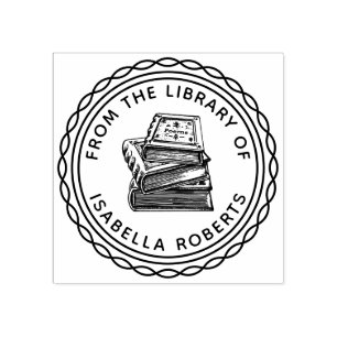 Sello De Caucho Redonda de libros pintada a mano de la Biblioteca 