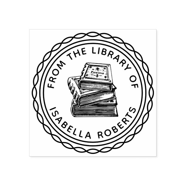Sello De Caucho Redonda de libros pintada a mano de la Biblioteca  (Impresión)