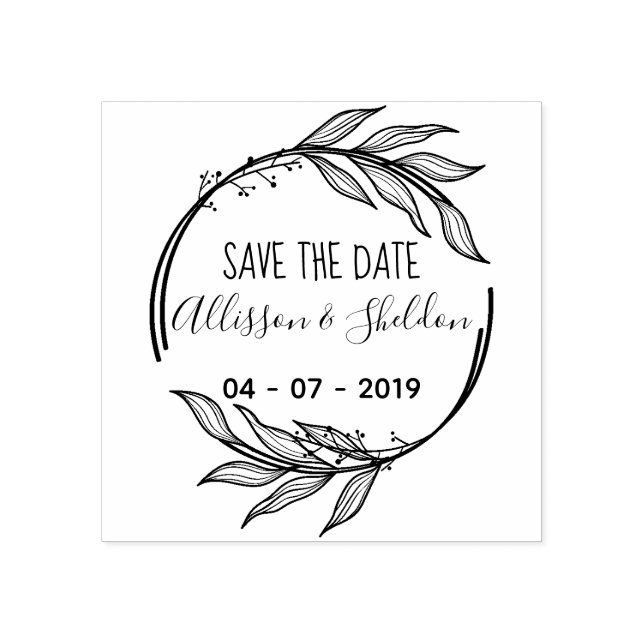 Sello De Caucho Romantic Hand Draw Leaves Save The Date (Impresión)