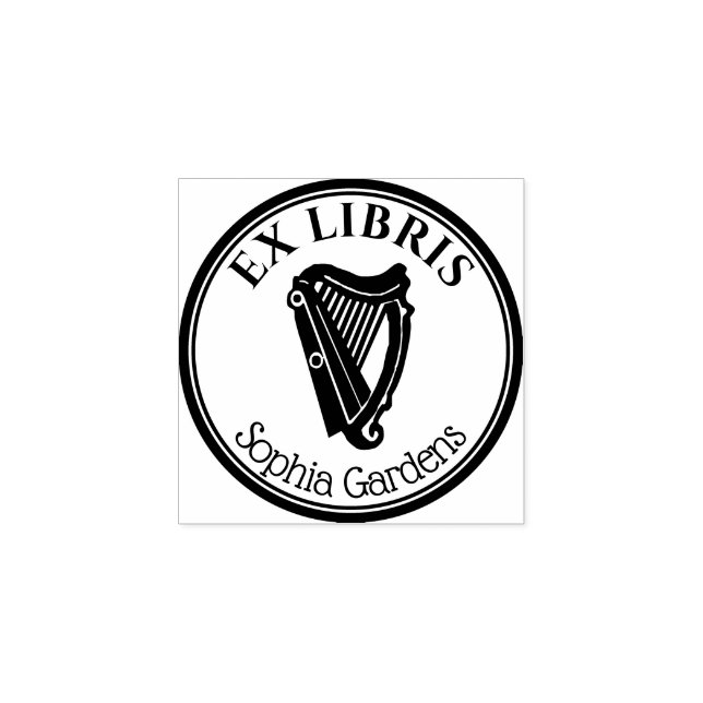 Sello De Caucho Round Ex Libris - Harp Motif (Impresión)