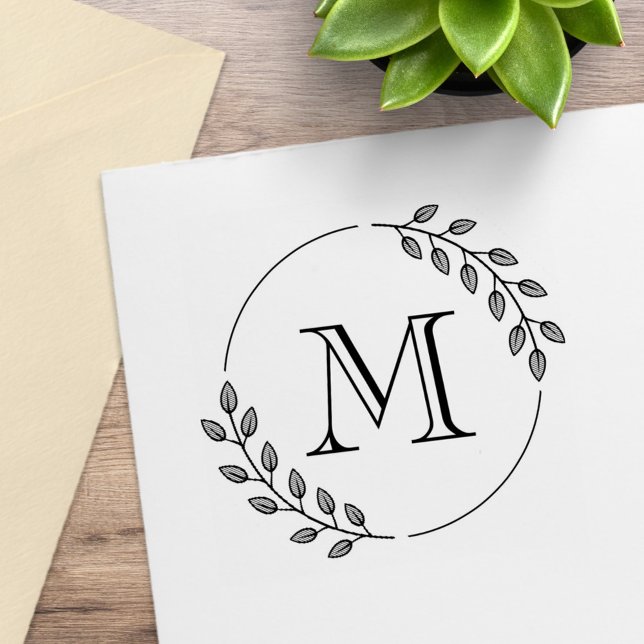 Sello De Caucho Round Leaves Wreath Monogram Initial (Subido por el creador)