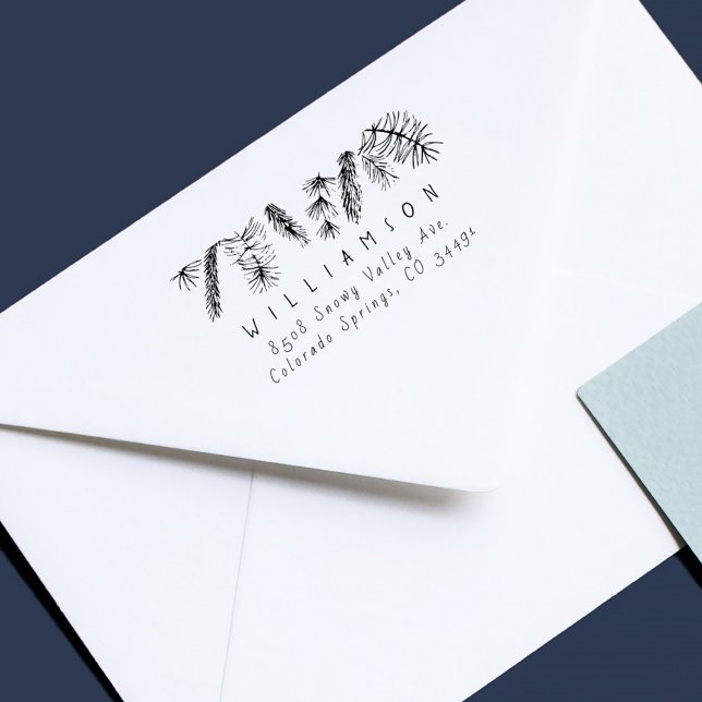 Sello De Caucho Rustic Pine Needles Windays Return Address (Casual Handwriting Hand-drawn Pine Branches Winter Holidays Christmas Return Address Stamp)