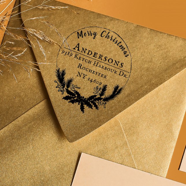 Sello De Caucho Rústica Wreath Merry Christmas Return Address (Rustic Merry Christmas Wreath Return Address Rubber Stamp)