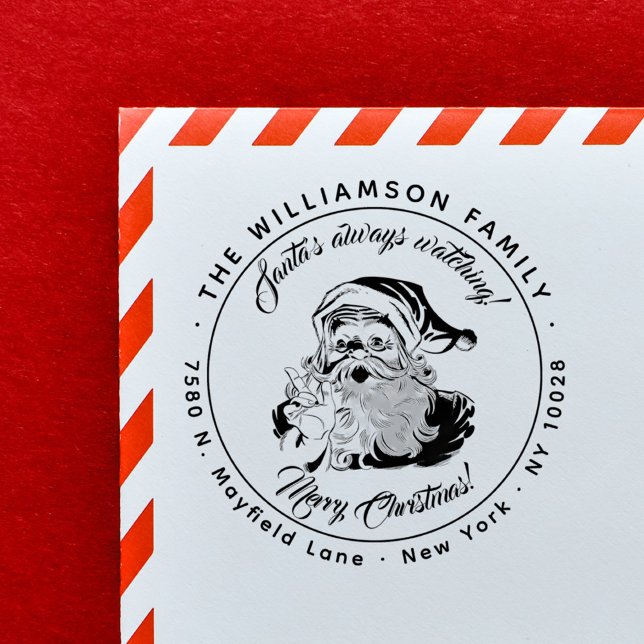 Sello De Caucho Santa siempre mirando | Dirección de devolución de (Santa´s Always Watching Vintage Return Address Rubber Stamp)