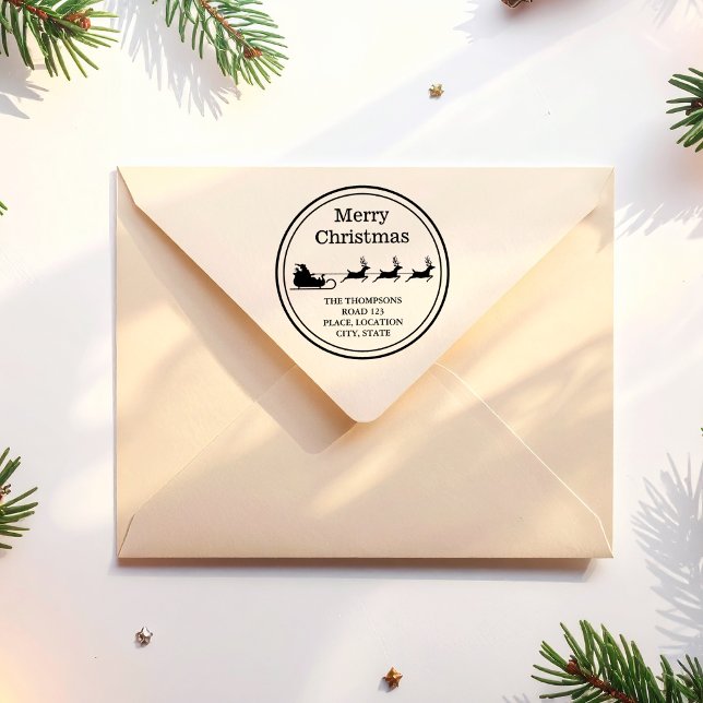 Sello De Caucho Santa Sleigh Feliz Navidad Y Dirección Personaliza (Disclaimer: This image is a digital mockup.)