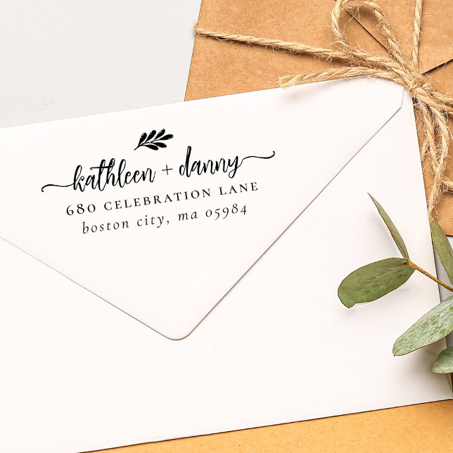 Sello De Caucho Sencilla dirección Boda de pareja verde moderna (Simple Modern Greenery Couple's Wedding Address Rubber Stamp)