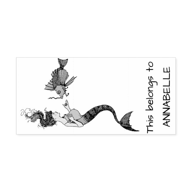 Sello De Caucho Sirena y pescado de época (Impresión)