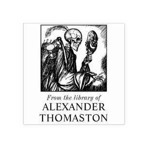 Sello De Caucho Skeleton gótico Holding Mask Library Nombre del li