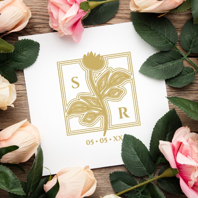 Sello De Caucho Sofisticadas Bodas de flores Iniciales y Fecha (Subido por el creador)
