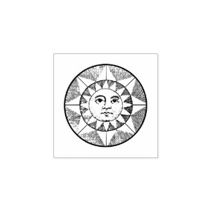 Sello De Caucho Sol vintage con ilustración de cara de madera