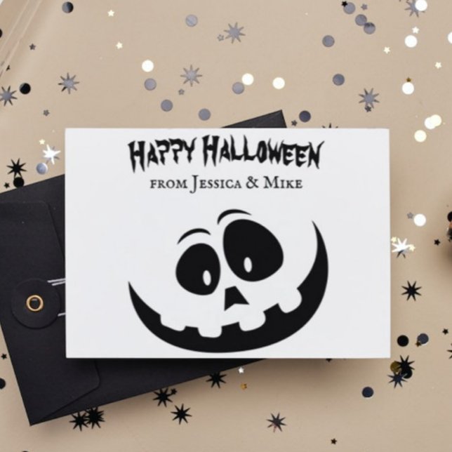 Sello De Caucho Spooky Jack O´ Lantern Feliz Halloween desde más n (Spooky Jack O´ Lantern Happy Halloween From+ Names Rubber Stamp)