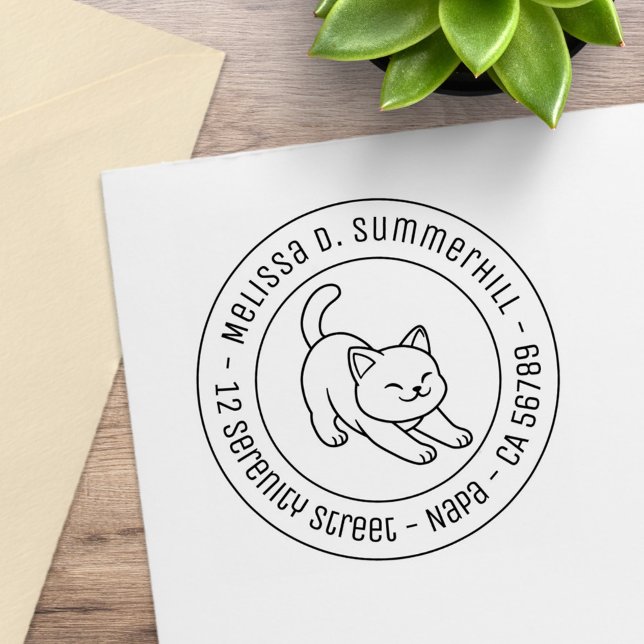 Sello De Caucho Stretching White Cat Round Address (Subido por el creador)