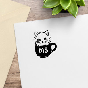 Sello De Caucho Taza De Café Con Gato De Dibujos Animados Monogram