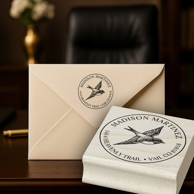 Sello De Caucho Tragar Dirección De Retorno De Aves Vuelo Elegante (Classy tattoo inspired swallow address stamp with a  decorative vibe that's both classic and fresh.)