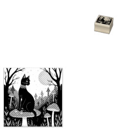 Sello De Caucho Un Gato Negro Familiar y Toadstools Halloween 2