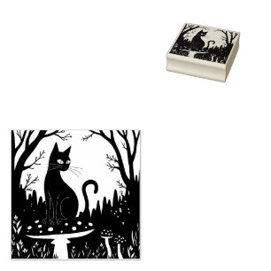 Sello De Caucho Un gato negro familiar y toadstools Halloween 3