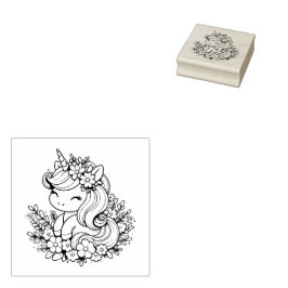 Sello De Caucho Unicornio rosa y azul y flores