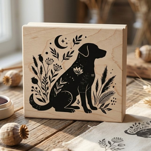 Sello De Caucho Unique Celestial Black Lab Botanical Art Stamp (Black lab botanical art stamp)