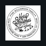 Sello De Caucho Vintage Christmas New Year Round Address<br><div class="desc">Navidades familia vuelta dirección sellado por sí mismo con tu nombre y dirección en tipografía elegante con una imagen de Feliz Año Nuevo pintada a mano y pintada a mano. Simplemente agregue su nombre y dirección y elija un color de tinta que desee. Diseñado exclusivamente para usted por Happy Dolphin...</div>