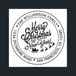 Sello De Caucho Vintage Christmas New Year Round Address<br><div class="desc">Navidades familia vuelta dirección sellado por sí mismo con tu nombre y dirección en tipografía elegante con una imagen de Feliz Año Nuevo pintada a mano y pintada a mano. Simplemente agregue su nombre y dirección y elija un color de tinta que desee. Diseñado exclusivamente para usted por Happy Dolphin...</div>