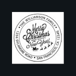 Sello De Caucho Vintage Christmas New Year Round Address<br><div class="desc">Navidades familia vuelta dirección sellado por sí mismo con tu nombre y dirección en tipografía elegante con una imagen de Feliz Año Nuevo pintada a mano y pintada a mano. Simplemente agregue su nombre y dirección y elija un color de tinta que desee. Diseñado exclusivamente para usted por Happy Dolphin...</div>
