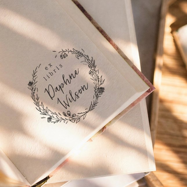 Sello De Caucho Whimsical Floral Simple Calligraphy Ex Libris Book (Subido por el creador)