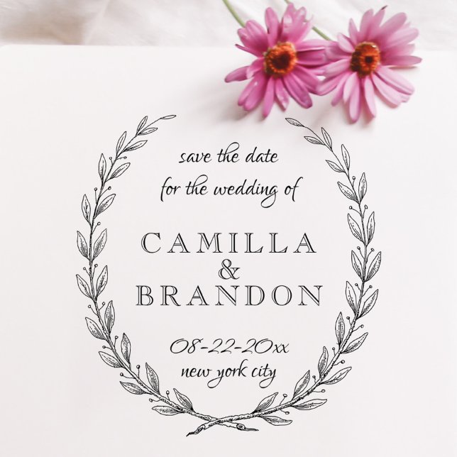 Sello De Caucho Whimsical Script Laurel Botanical Save The Date (Subido por el creador)