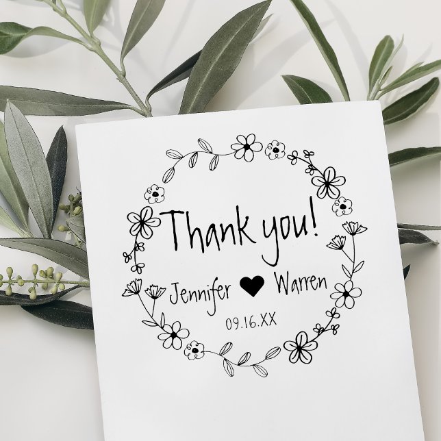 Sello De Caucho Wreath de mano floral gracias a la personalización (Floral Hand Drawn Wreath Thank You Personalized Rubber Stamp)