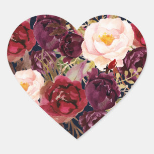 Sello de corazón de boda floral Navy Borgoña de ot