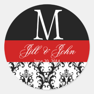 Sello de Damasco de Monograma de Boda blanco rojo