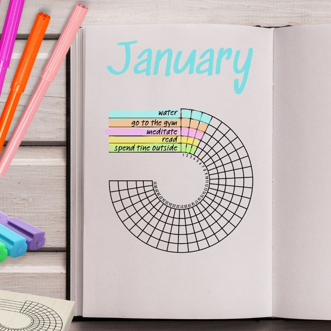 Sello de diario de seguimiento de hábitos mensual  (Monthly radial habit tracker journal stamp to record daily goals. )