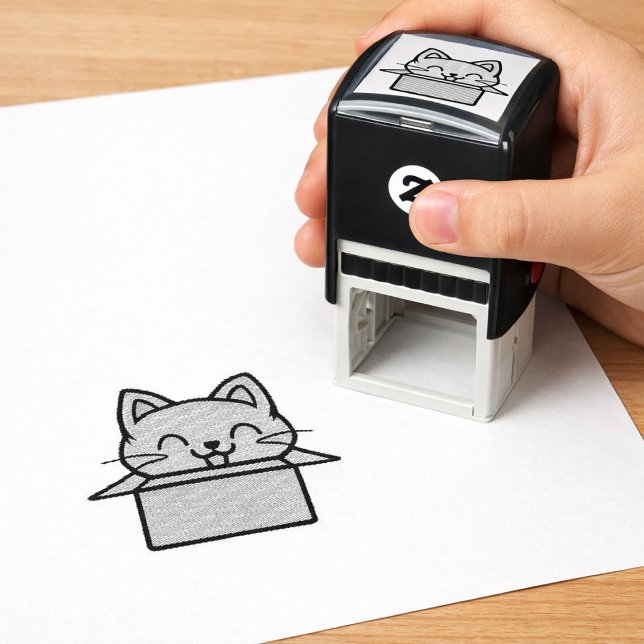 Sello de Entintado Automático Caja de Gato Feliz A (Cheerful Happy Cat Box Self-Inking Stamp. self-inking stamp)