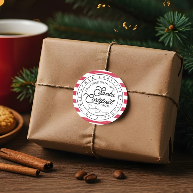 Sello de entrega con certificación Santa de banda  (Red & White Stripe Santa Certified Delivery Seal Sticker)