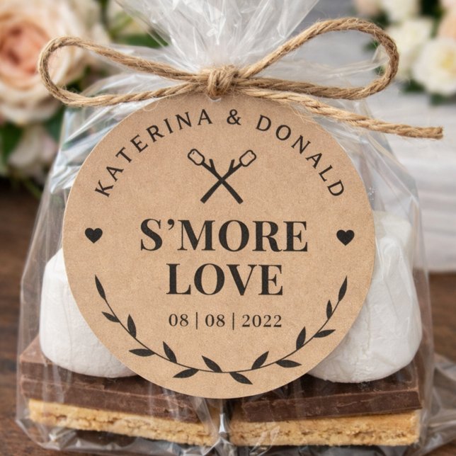 Sello de Favor de Boda Amor S'more Kraft Rústico (Rustic S’more Love Favor Tags for Wedding or Bridal Shower Treat Bags)