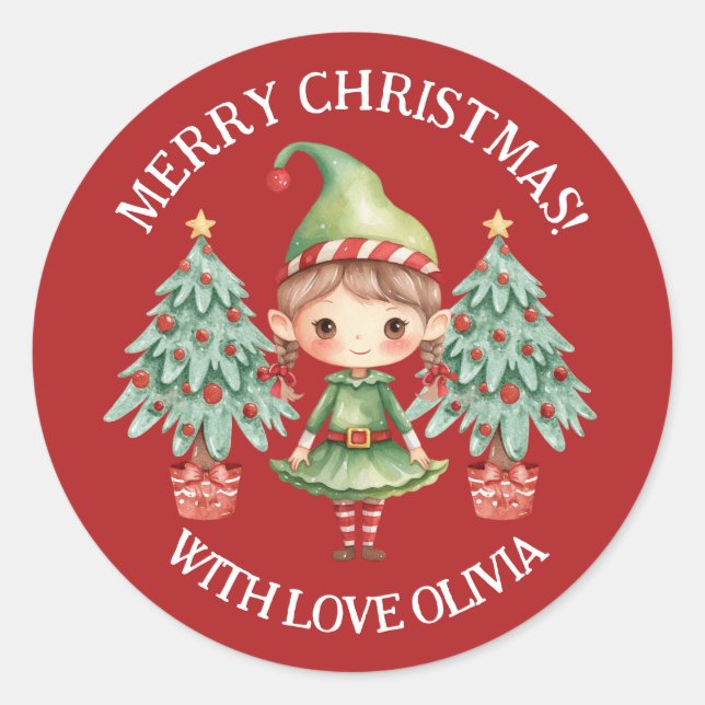 Sello de Favor de Navidad de Niña Elfa de Dibujos  (Anverso)