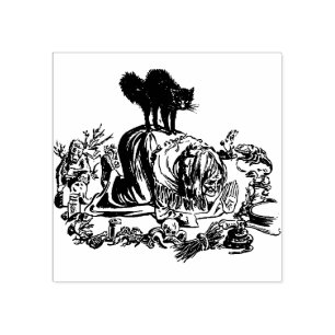 Sello de goma de bruja y gato negro para Halloween